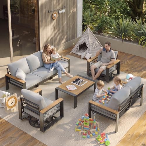 Image of Aoxun Aluminum Patio Furniture Set with Swivel Chairs & Fire Pit Table | All Weather Outdoor Sectional with Washable 5 inch Thick Olifen Cushion, Patio Conversation Sets with Coffee Table, 7-Seat