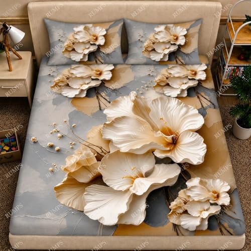 Image of RUMPS 3D Digital Printed Double Bedsheet Flat | Premium Knitted Cotton MicroFabric 90x100 Inch Bed Sheet with 2 Pillow Covers, Luxury Flower Printed Bedsheet (7d Digital White Flower)