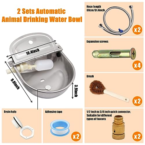 Automatic-Animal-Drinking-Water-Bowl-with-Float-Valve-and-Drainage-Hole-304-Stainless-Steel-Livestock-Dispenser-Waterer-Kits-Included-Water-Hose-34Adaptor-Float-Valves-Mounting-Bolts-2-Sets