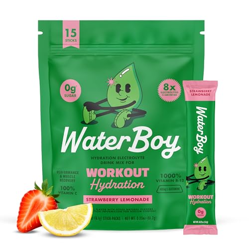 Waterboy Workout Hydration | 2,960mg Sugar Free Electrolyte Powder Packets | L-Glutamine + Vitamins | No Sugar, All Natural, Gluten Free | 15 Drink Stick Mixes (Strawberry Lemonade)