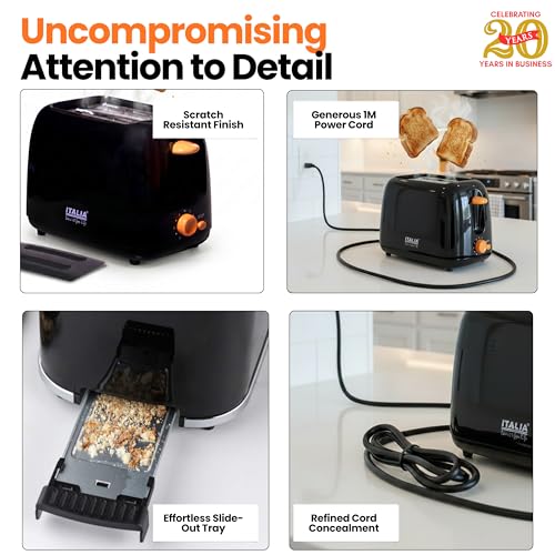 Image of ITALIA Premium 750 Watts 2-Slice Pop-up Toaster | Dust Cover & Effortless Slide Out Crumb Tray | 6-Level Browning Controls | Mid-Cycle Cancel Feature | Black Toaster | 1M Long Cord | 1-Year Warranty