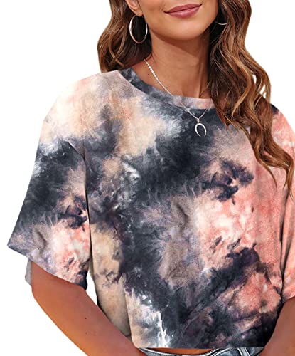 Tankaneo Womens Half Sleeve Tie Dye Cropped Tshirts Drop Shoulder O-Neck Crop Tops Summer Casual Basic Print Tees #TOP1