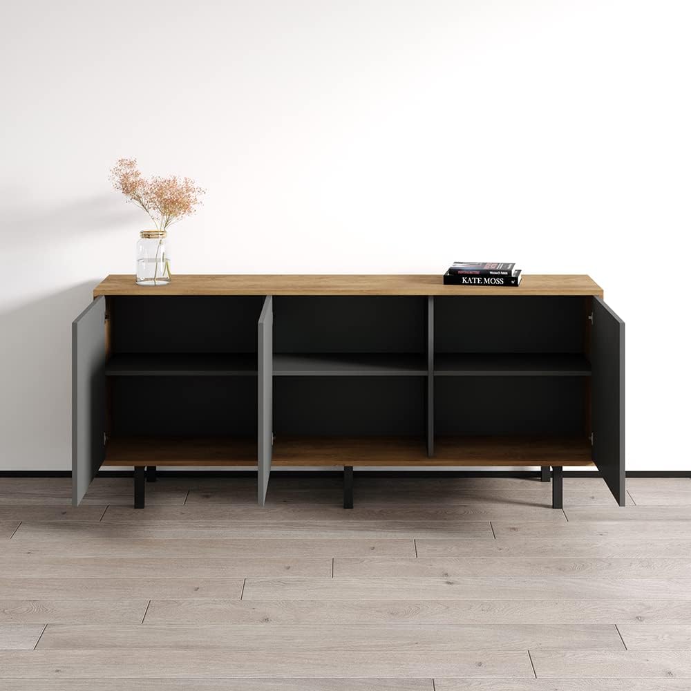Meble Furniture Apollo 3D Modern Sideboard — 3-Door Storage Cabinet — Matte Finish, 66.1" W x 28.4" H x 13.8" D — Oak/Gray