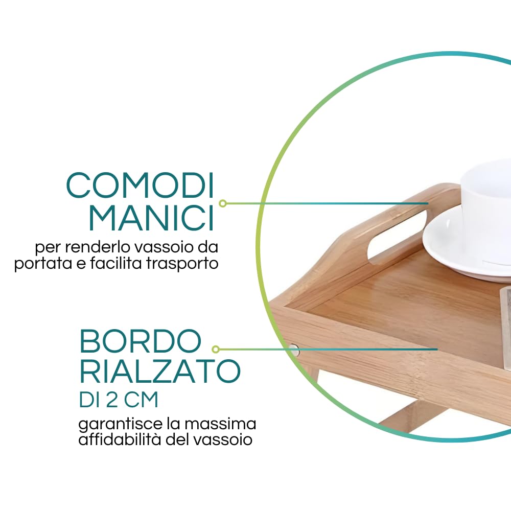 Virsus Vassoio da letto in Legno di Bambù con manici, 50x30x21 cm, richiudibile con gambe pieghevoli per colazione a letto, tavolino porta Pc, per mangiare in montagna, mare, campeggio, 2415F