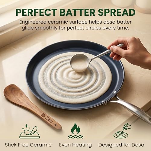 Image of Zira Triply Ceramic Dosa Tawa 28cm + Free Spatula | 100% Chemical Free Ceramic Surface | Triply Base for Fast Even Heating | Stick-Free Low Oil Cooking | Induction & Gas | ISI | 5 Year Warranty