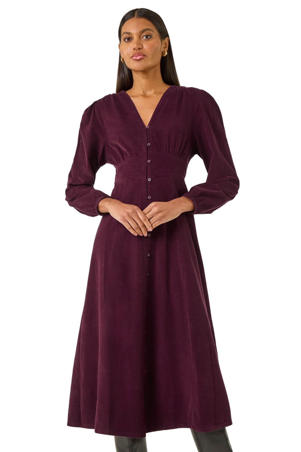 Roman Women's Port Corduroy Button Through Midi Dress