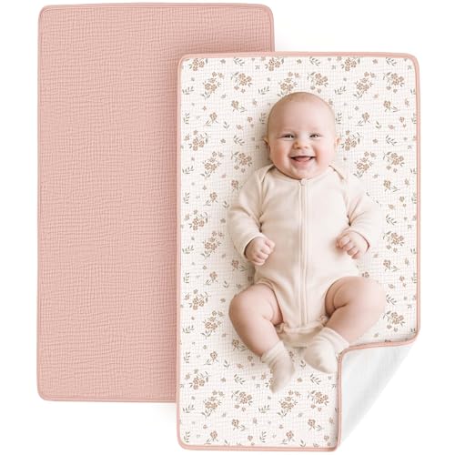 Konssy 2 Pack Waterproof Muslin Cotton Portable Changing Pad 30'x 17', Soft & Foldable Baby Changing Mat Travel Pad with Terry Backing, Shower Gift...