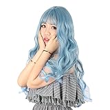 25.6" Pastel Blue Long Curly Wave Wig Air Bang Heat Resistant Fiber Full Wigs for Women's Party Cosp