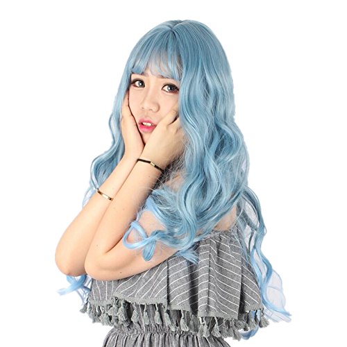 25.6" Pastel Blue Long Curly Wave Wig Air Bang Heat Resistant Fiber Full Wigs For Women's Party Cosplay #TOP19