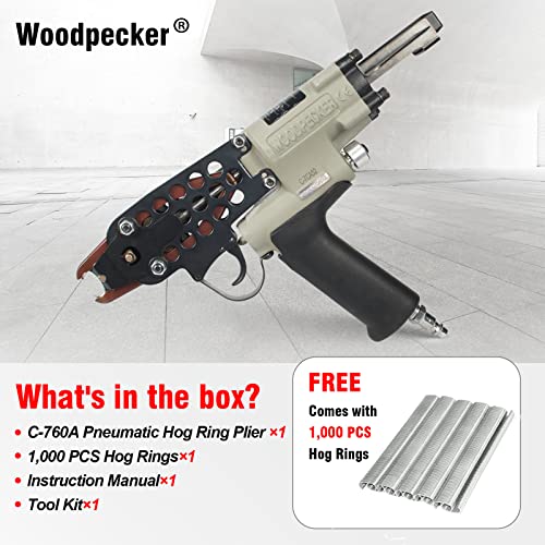 Woodpecker C-760A 16 Gauge Pneumatic C Ring Gun Kit 1/2-Inch Crown, 3.0-4.8Mm Closure Diameter Hog Ring Plier Air Power C Ring Stapler Gun Hog Ring Gun For Fencing, Mattress, Cages #TOP1