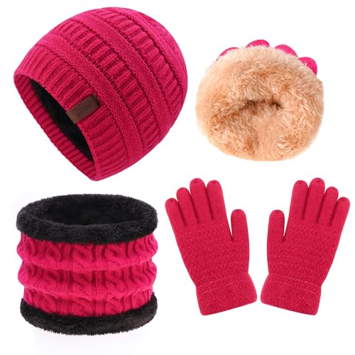 Image of 3 Pack Winter Beanie Hat Scarves Gloves for Boys Girls 2-6-10-14 Years Boys Girls Thermal Warm Thick Knit Fleece Lined Set