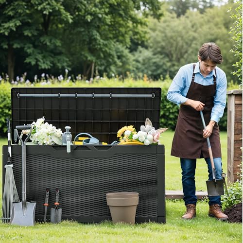 WARCAT-100-Gallon-Deck-Box-Outdoor-Resin-Waterproof-Storage-Box-UV-Resistant-Lockable-Storage-Bench-for-Patio-Furniture-Garden-Tools-and-Pool-Supplies-Black WARCAT 100 Gallon Deck Box Outdoor Resin Waterproof Storage Box UV Resistant Lockable Storage Bench for Patio Furniture Garden Tools and Pool Supplies Black