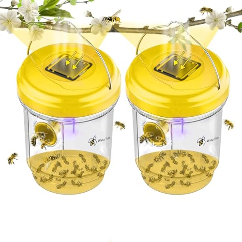 Hagmoo Wasp Trap,2 Pack Wasp Traps Outdoor Hanging, Reusable Waterproof Yellow Jacket Traps with LED Light, Bee Trap for Outdoors (Yellow)
