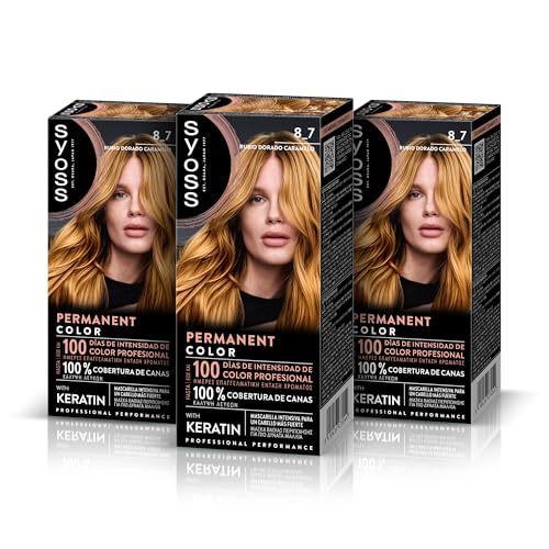 Syoss Permanent Color Tono 8.7 Rubio Dorado Caramelo, Tinte para Pelo Mujer, Cobertura Profesional de Canas, Color Duradero y Cuidado Profundo, Incluye Mascarilla Intensiva con Keratina, Pack de 3