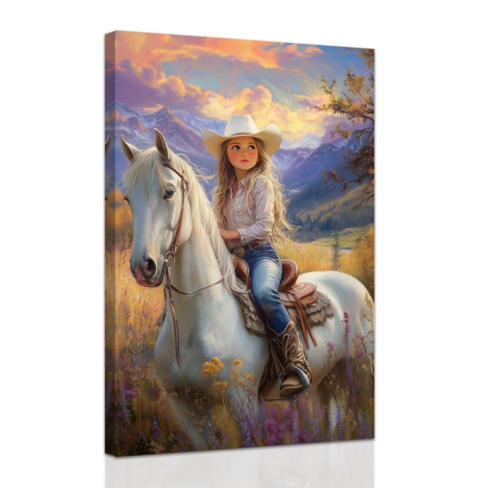 ZXHYWYM Cowgirl Wall Art Cowgirl and White Horse Canvas Pictures Kid Cowboy Painting for Girl Room American Western Artwork Prints Home Decor Framed (30 x 45 cms)