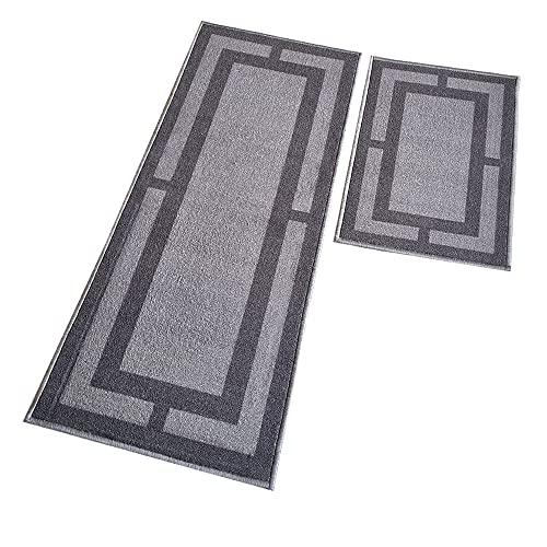 Image of Matz&More Anti Slip Runner, Floor Mat Combo (50x120cm + 40x60cm), Carpet for Kitchen, Room, Hall, Bathroom, Bed Side, Geometric Grey