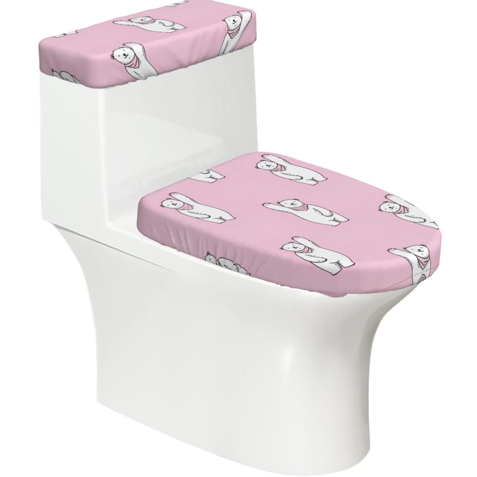 Polar Bear Pink 2-Piece Toilet Seat Cover Set with Tank Lid - Elastic for U-Shape & Elongated - Bathroom Decor