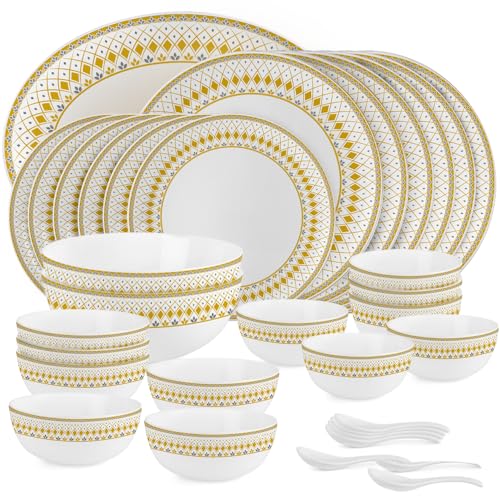 Image of CELLO Filigree Divine Series Opalware Dinner Set of 33 Pieces for Family of 6 | Bone-Ash Free & Leadfree Opal Glass, Microwave & Dishwasher Safe Plates & Bowls Crockery Set for Dining & Gifting