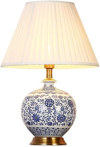 ZXZB Lámpara de mesa y lámpara de escritorio de cerámica lámpara de noche de dormitorio lámpara de escritorio clásica china de tela plisada base de