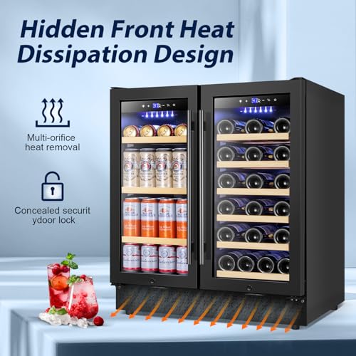 Image of Tylza 30 Inch Wine and Beverage Refrigerator, Dual Zone Wine Beverage Cooler 30 inch with French Door, Under Counter Wine Beer Fridge Built-In or Freestanding, Holds 29 Bottles and 110 Cans, Black