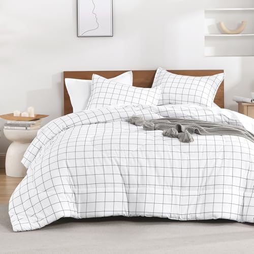 Image of Andency Full Size Comforter Sets, White Gingham Plaid Grid Checkered Bedding Comforter Set for Teens Boys Girls Kids, 3 Pieces Lightweight Reversible Preppy Bedding Set(79x90 Inch)