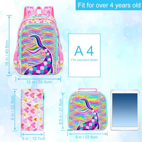 Image of CCJPX 3Pcs Mermaid Backpack for Girls, 16 inch Kids Sequin Bookbag with Lunch Box, Water Resistant Elementary School Bag for Kindergarten Preschool Toddler (Rainbow)