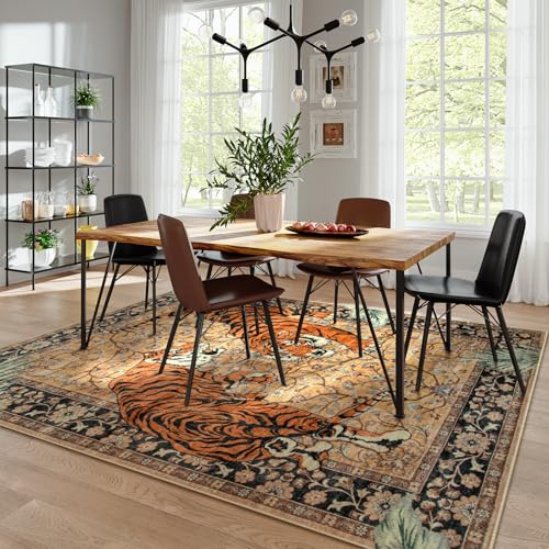 Moynesa Tiger 8x10 Area Rug, Washable Boho Rugs for Living Room, Vintage Large Soft Dining Room Rug, Non Slip Ultra Thin Stain Resistant Floor Carpet for Home Office Bedroom, Camel