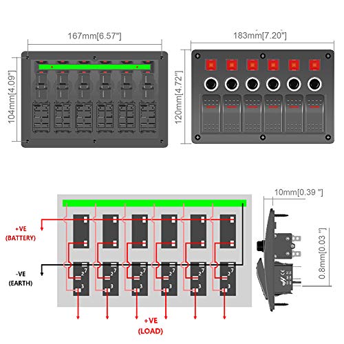 WUPP Boat Rocker Switch Panel Waterproof 6 Gang 3PIN & Circuit Breaker Overload Protection LED Switch Panel DC12/24V ON-Off Aluminium Switches for Marine RV Car Truck Trailer, Christmas Gift Idea - Thumbnail 6