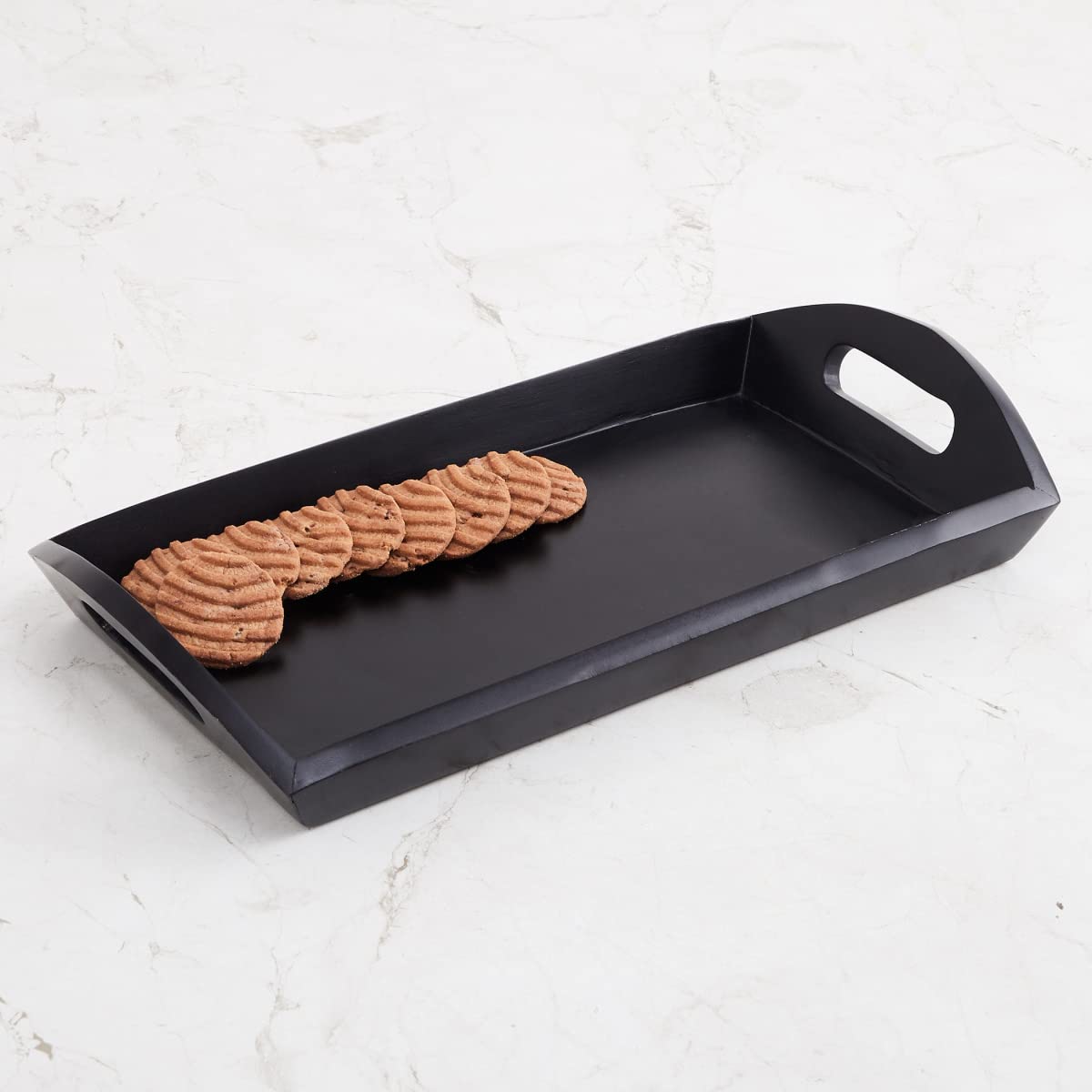 Home Centre GTL-Enchanted Bouquet Black Solid Wooden Small Serving Tray - 37x18cm