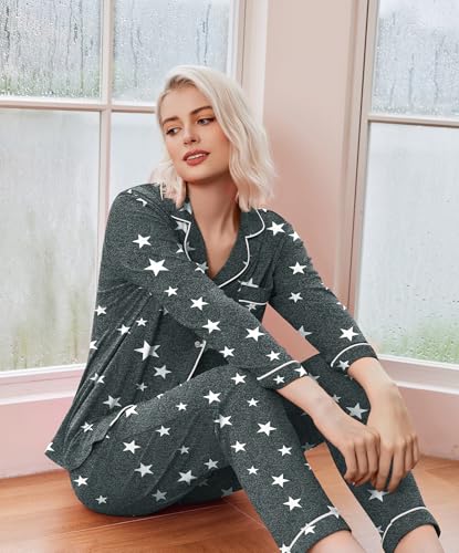 Image of Ekouaer Pajamas Women's Long Sleeve Sleepwear Soft Button Down Loungewear Pjs Lounge Set Nightwear XS-XXL
