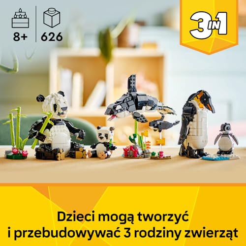 LEGO Creator 3 w 1 Dzikie zwierzęta: rodzina pand, pomysł na prezent dla dziewczynki i chłopca od 8 lat, zabawka konstrukcyjna dla dziecka do przebudowania na figurki zwierząt: orkę lub pingwina 31165