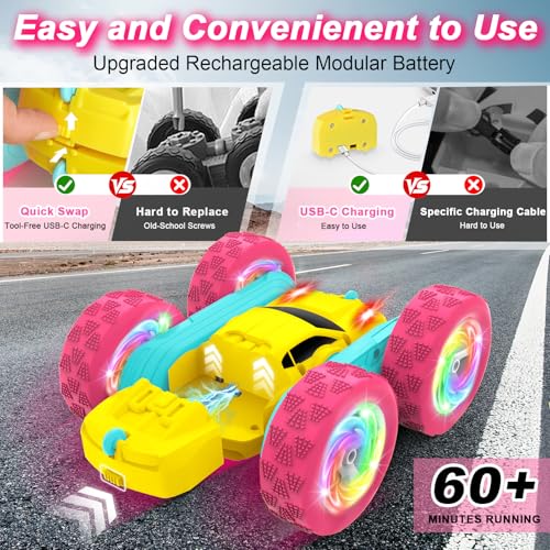 Image of Remote Control Car, RC Cars for Girls, Double-Sided 4WD Stunt Car with RGB Lights & 360 Flips, USB-C Modular Batteries, Toys for Ages 5-7, Birthday Gift for 6+ Year Old Girl, Yellow-Pink