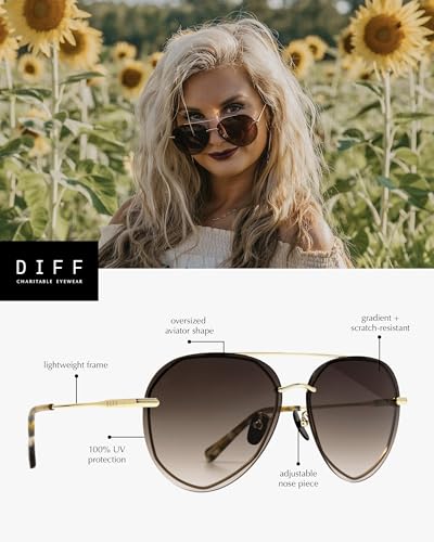 DIFF Lenox Oversized Aviator Sunglasses for Women UV400 Protection, Designer Lightweight Gold Stainless Steel Frames2