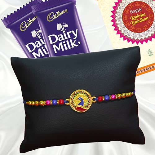 Image of Canton Rakhii Gift for Brother with Chocolate - Designer Rakhi for Brother with Cadbury Gift Hamper Pack, Roli Kumkum & Greeting Card (Design-13, 1 Rakhi + Cadbury)