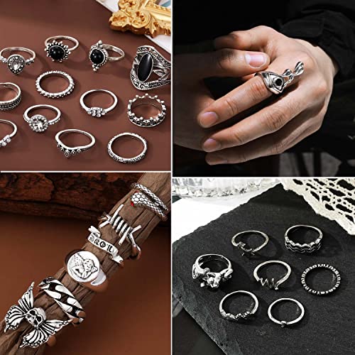 17If 26 Pcs Vintage Silver Goth Ring Set For Women Punk Boho Stackable Finger Knuckle Ring Pack Gothic Chunky Aesthetic Grunge Adjustable Animal Devil Skull Angel Crying Eye Emo Retro Sparkle Crystal Rings thumb #3