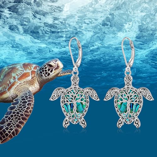 Sea Turtle Earrings for Women Tree of Life Abalone Shell Sea Turtle Gifts for Women Sterling Silver Dangle Lever Back Hawaii Mothers Day Gifts4