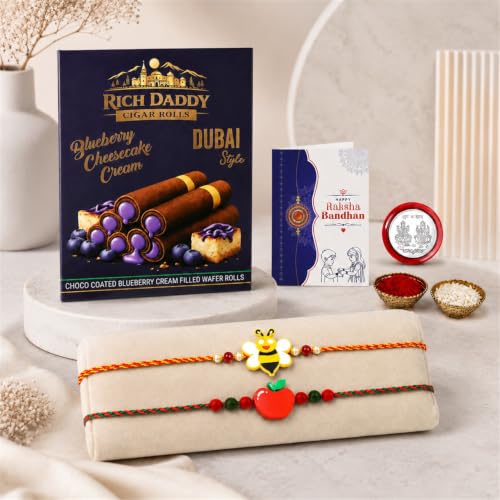 Oblivion Bee motif, Apple Charm Multicolor Rakhi for Brother & Bhaiya with Cigar Rolls Wafer Roll Blueberry Cream - Raksha Bandhan Chocolate Gift Combo, Pack of 6