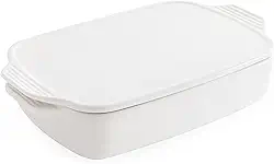 Chef Pomodoro Caçarola (15,50 × 30 cm, 39,3 x 30 cm), assadeiras de cerâmica branca para forno, caçarola de cerâmica profunda, assadeira elegante com tampa, assadeira de forno ideal para lasanha