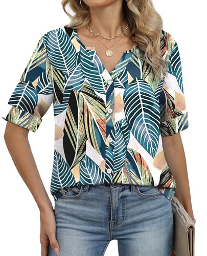 Image of OFEEFAN Button Down Shirts for Women 3 /4 Length Sleeve Tops V Neck Blouses Business Casual Outfits Loose Fit