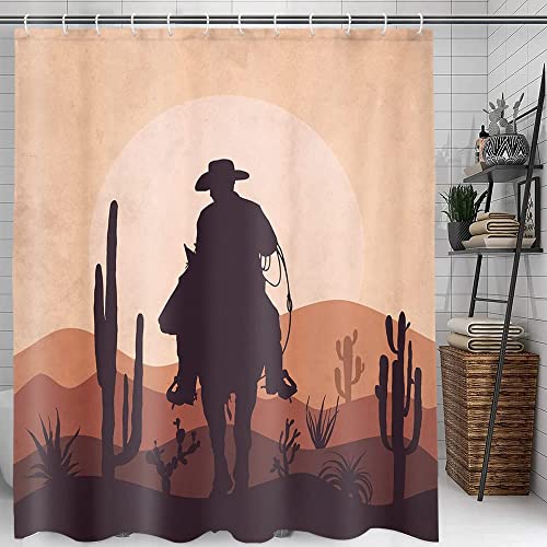 Uokiuki Tenda da doccia con cowboy occidentale, stile country, cowboy che cavalca un cavallo nel selvaggio West, decorazione per il bagno, minimalista, cactus di montagna, luna, bohémien, tenda da