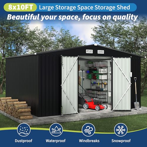 8x10x6.4 FT Outdoor Storage Sheds with Floor, Metal Garden Tool Shed for Backyard, Large Metal Sheds Outdoor Storage With Lockable Doors & Air Vents for Backyard Garden Patio Lawn