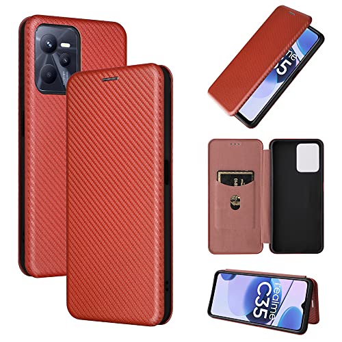 Luxury Carbon Fiber flip Cover Oppo Realme C35 Realme C 35 Phone Cases Lanyard Stand Wallet Card Slots Holder Accessories Realme C35 Leather case (Brown,Oppo Realme C35)