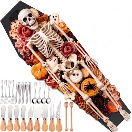 76 Pcs 34' Halloween Coffin Charcuterie Board, Cheese Knife Set, Black | Wooden Serving Tray Board with Handle, 34x11 Inch Large, Board Accessories for Christmas Holiday Party Platter, Kitchen Decor