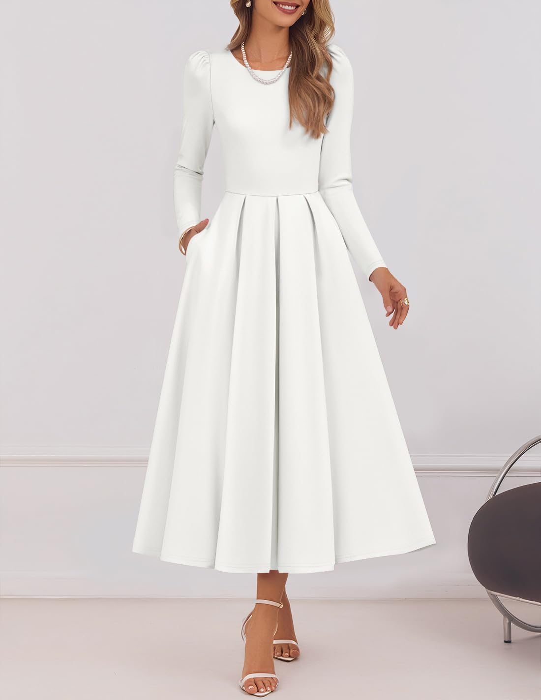 ZESICA Women's Long Sleeve Midi Dresses 2026 Spring Elegant Crewneck Swing A Line Wedding Guest Party Dress with Pockets - Image 2