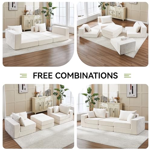 Image of 79 inch Boneless Cloud Loveseat Sofa Couch, Modular Foldable Floor Sofa with Ottoman, Chenille Lounge Convertible Sofa Bed for Living Room, No Assembly, Beige
