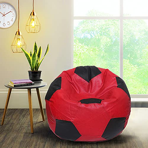 Devogue Leather Football Shape Bean Bag Cover Without Beans for Home/Office/Indoor/Outdoor, XXXL (Red and Black)