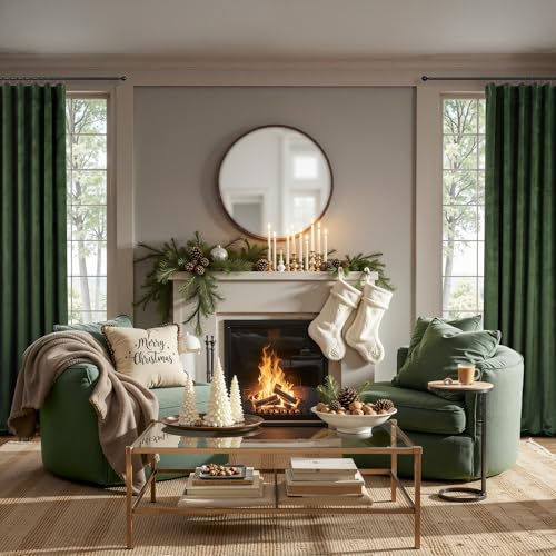 Image of Olive Green Velvet Curtain 84 Inch Length 2 Panel for Living Room Darkening Thick Luxury Plush Velour Thermal Insulated Long Drape Hunter Dark Green Curtain for Bedroom Christmas Decor Back Tab Pocket