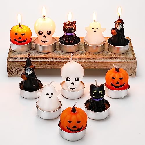 Jutom 20 Pcs Halloween Candles 5 Styles 1.6x 1.8 Mini Tealight Candles Bulk Cute Pumpkin Ghost Witch Black Cat Shaped Halloween Trick or Treat Haunted House Activity Decorations Party Supply