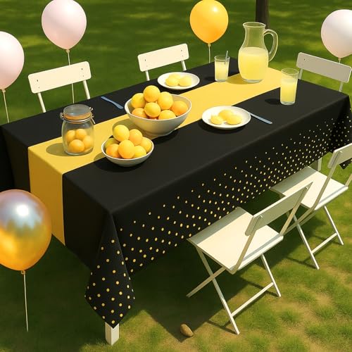 Image of 6Pcs Black and Gold Graduation Tablecloth, Graduation Decorations 2026, Retirement Party Decorations for Rectangle Tables, 54 inchx108 inch Disposable Plastic Table Cover for Congrats Birthday Wedding