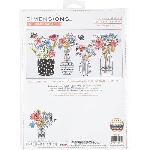 Image of Dimensions Butterflies and Wildflower Vases Counted Cross Stitch Kit, 16 inch x 8 inch, 16 Cnt. White Aida 5 pcs